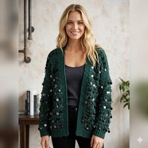 Hunter Green Sequin Fringe Knit Cardigan